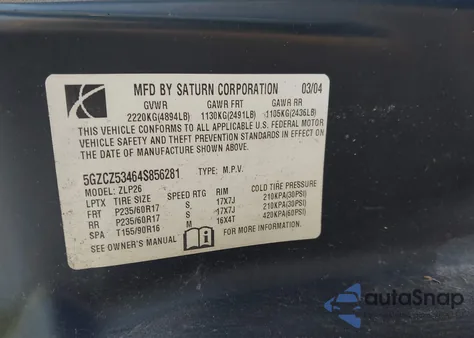 2004 Saturn Vue V6 z USA, uszkodzony, nr VIN 5GZCZ53464S856281